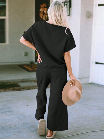 Acelitt Women's Solid Color Ruffled Sleeve Short Sleeve Top And Casual Wide-leg Pants Two-piece Set