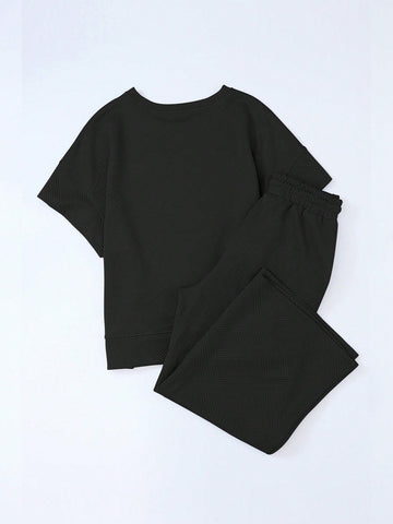 Acelitt Women's Solid Color Ruffled Sleeve Short Sleeve Top And Casual Wide-leg Pants Two-piece Set