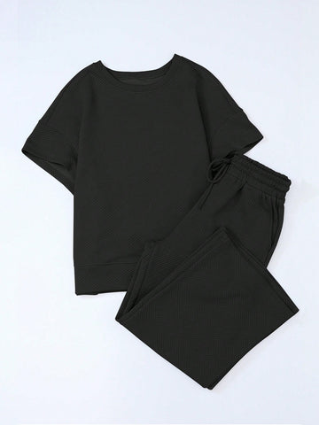 Acelitt Women's Solid Color Ruffled Sleeve Short Sleeve Top And Casual Wide-leg Pants Two-piece Set