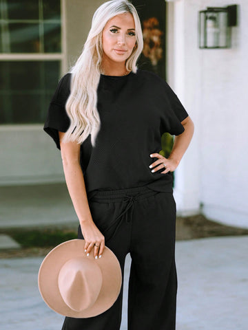 Acelitt Women's Solid Color Ruffled Sleeve Short Sleeve Top And Casual Wide-leg Pants Two-piece Set