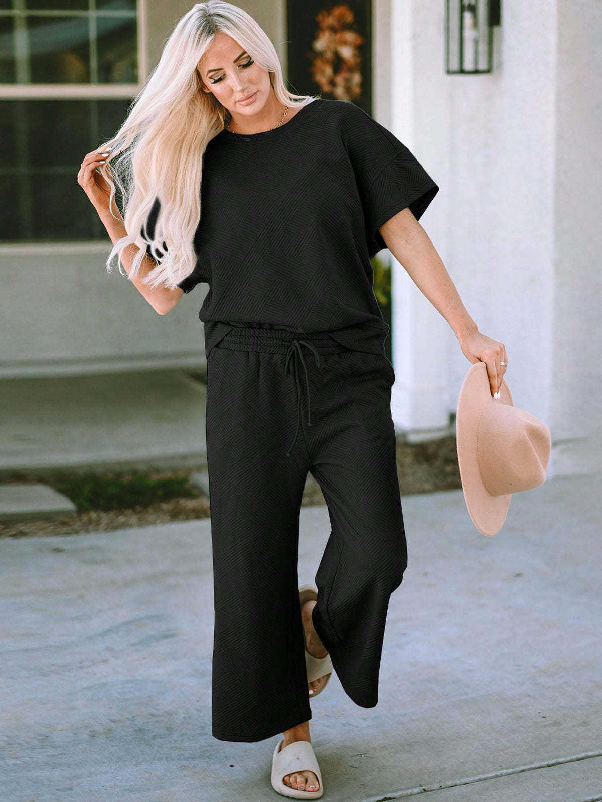 Acelitt Women's Solid Color Ruffled Sleeve Short Sleeve Top And Casual Wide-leg Pants Two-piece Set