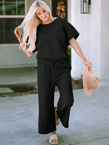 Acelitt Women's Solid Color Ruffled Sleeve Short Sleeve Top And Casual Wide-leg Pants Two-piece Set