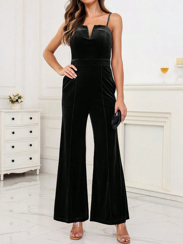 Acelitt Women's Solid Color Sleeveless Halter Flare Jumpsuit