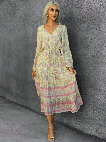 Actual Shot Bohemian Casual Long Sleeve Vacation Dress, Tiered Print And Flare Silhouette