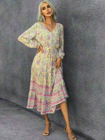 Actual Shot Bohemian Casual Long Sleeve Vacation Dress, Tiered Print And Flare Silhouette