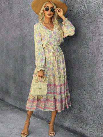 Actual Shot Bohemian Casual Long Sleeve Vacation Dress, Tiered Print And Flare Silhouette