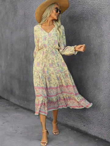 Actual Shot Bohemian Casual Long Sleeve Vacation Dress, Tiered Print And Flare Silhouette