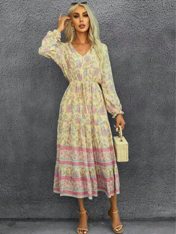 Actual Shot Bohemian Casual Long Sleeve Vacation Dress, Tiered Print And Flare Silhouette