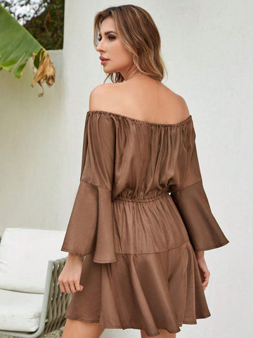 Adjustable Spaghetti Strap Loose Jumpsuit With Belted High Waist Wide Leg And Flared Sleeves For Women, Solid Color