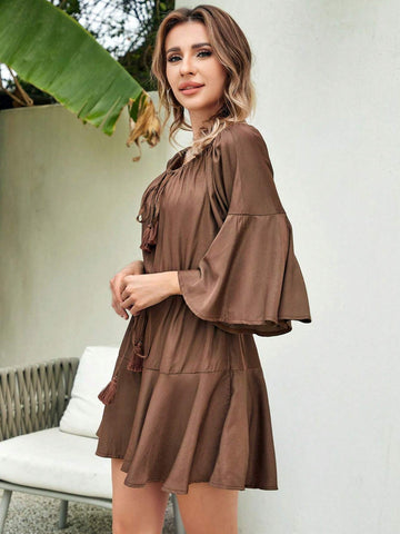 Adjustable Spaghetti Strap Loose Jumpsuit With Belted High Waist Wide Leg And Flared Sleeves For Women, Solid Color