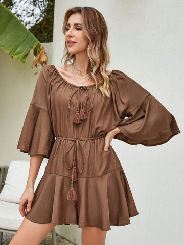 Adjustable Spaghetti Strap Loose Jumpsuit With Belted High Waist Wide Leg And Flared Sleeves For Women, Solid Color