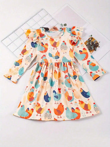 Adorable Girls' Animal Print Dress With Ruffled Sleeves - Perfect For Fall