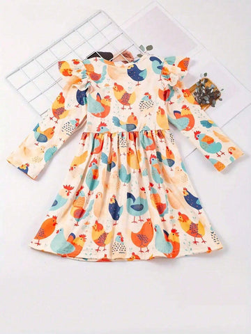 Adorable Girls' Animal Print Dress With Ruffled Sleeves - Perfect For Fall