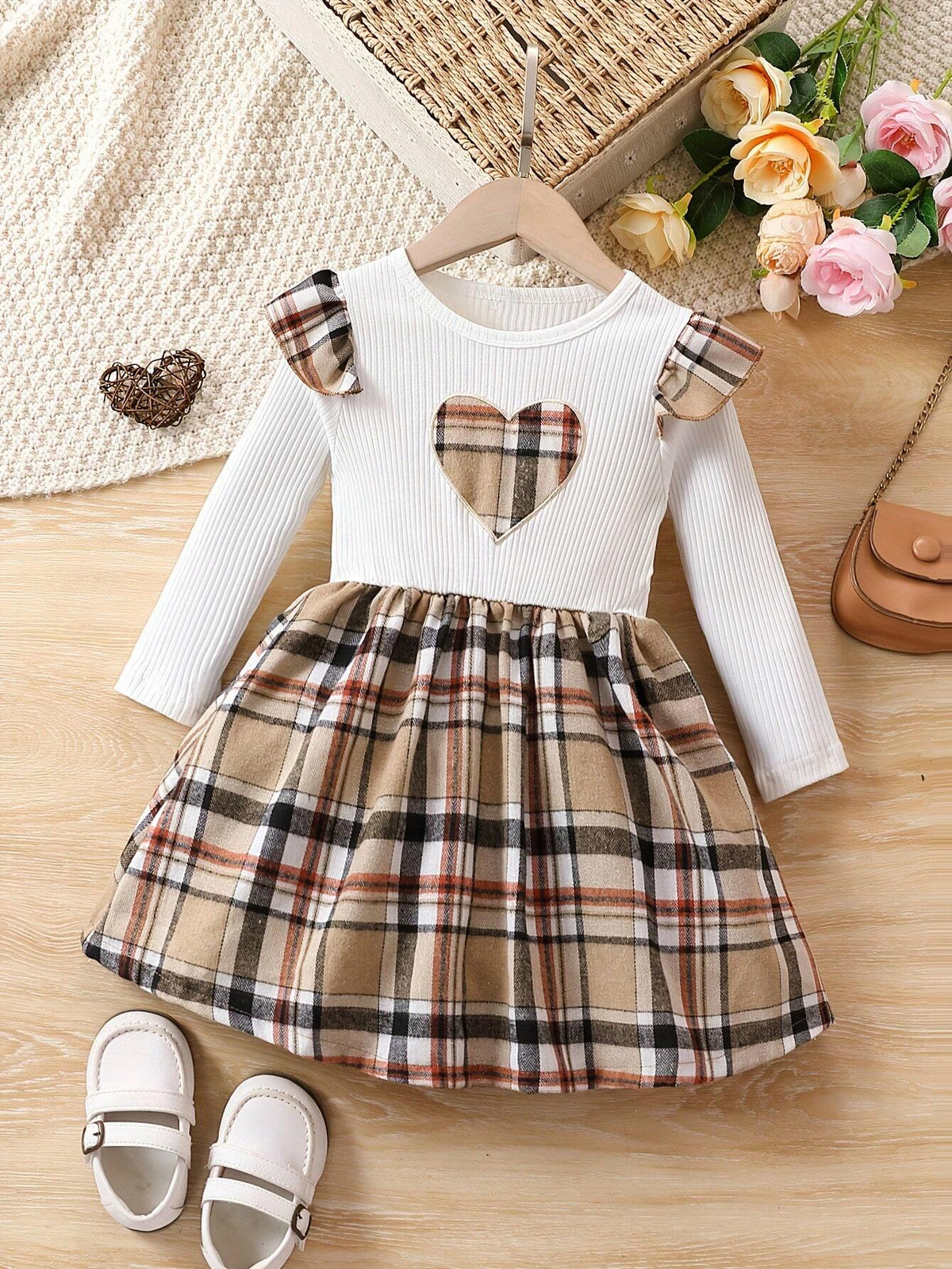 Adorable Girls' Plaid Dress With Heart Embroidery For Spring And Autumn