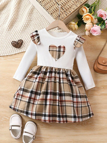Adorable Girls' Plaid Dress With Heart Embroidery For Spring And Autumn