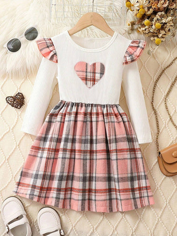 Adorable Girls' Plaid Dress With Heart Embroidery For Spring And Autumn