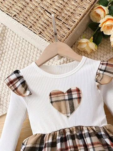 Adorable Girls' Plaid Dress With Heart Embroidery For Spring And Autumn