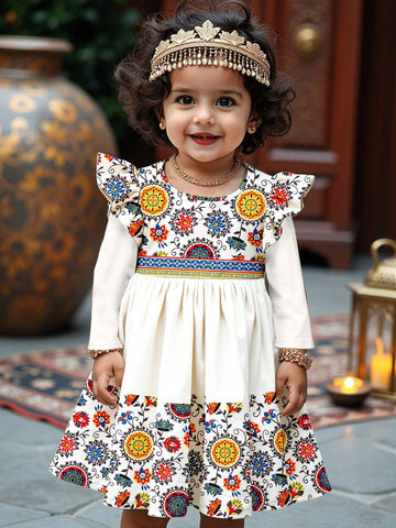 Adorable, Modest Vacation Print, Geometric Color Block Print, Cute Cartoon Bowknot Pattern Fashion Long Sleeve Dress Suitable For Young Girls In Autumn/Winter