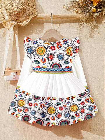 Adorable, Modest Vacation Print, Geometric Color Block Print, Cute Cartoon Bowknot Pattern Fashion Long Sleeve Dress Suitable For Young Girls In Autumn/Winter