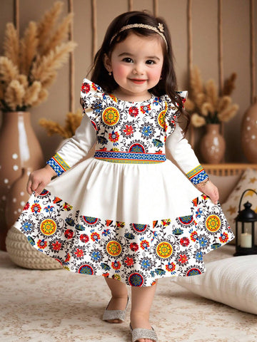 Adorable, Modest Vacation Print, Geometric Color Block Print, Cute Cartoon Bowknot Pattern Fashion Long Sleeve Dress Suitable For Young Girls In Autumn/Winter