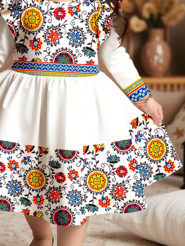 Adorable, Modest Vacation Print, Geometric Color Block Print, Cute Cartoon Bowknot Pattern Fashion Long Sleeve Dress Suitable For Young Girls In Autumn/Winter