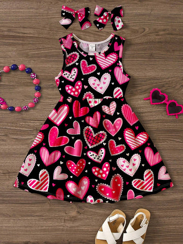 Adorable Sweet Pink Heart Print Casual Minimal Sleeveless Midi Dress, Suitable For Young Girls, Summer