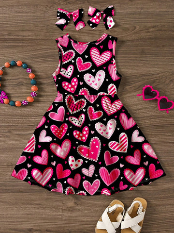 Adorable Sweet Pink Heart Print Casual Minimal Sleeveless Midi Dress, Suitable For Young Girls, Summer