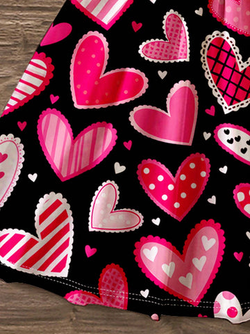 Adorable Sweet Pink Heart Print Casual Minimal Sleeveless Midi Dress, Suitable For Young Girls, Summer