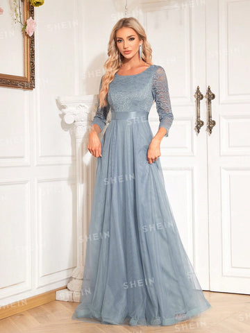 Adults' Bridesmaid Dress With Patchwork Lace & Tulle Hem