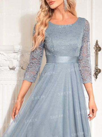 Adults' Bridesmaid Dress With Patchwork Lace & Tulle Hem