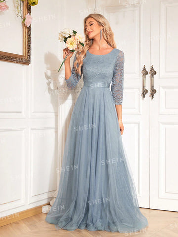 Adults' Bridesmaid Dress With Patchwork Lace & Tulle Hem