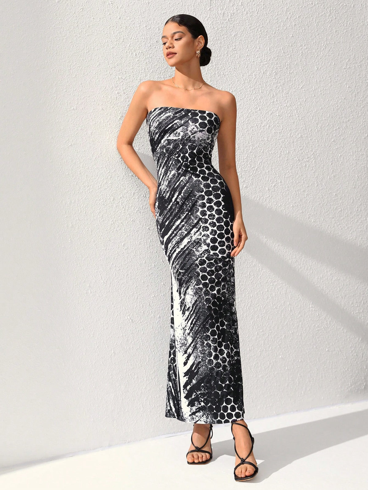 Aegean Collection Printed Bodycon Mermaid Hem Strapless Maxi Dress