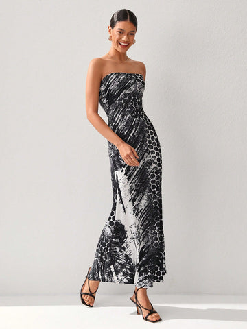 Aegean Collection Printed Bodycon Mermaid Hem Strapless Maxi Dress