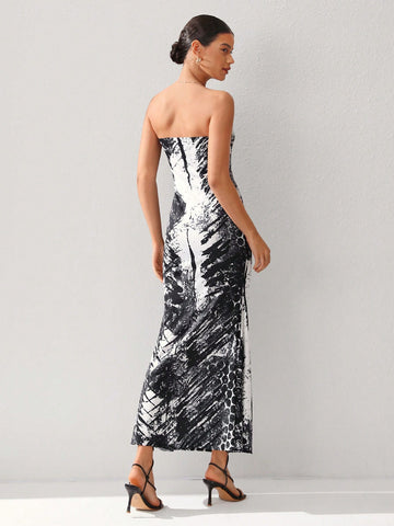 Aegean Collection Printed Bodycon Mermaid Hem Strapless Maxi Dress