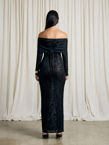 AiiRZ 1pc Women's Solid Color Off-Shoulder Long Sleeve Minimalist Long Sheer Dress