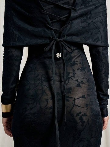 AiiRZ 1pc Women's Solid Color Off-Shoulder Long Sleeve Minimalist Long Sheer Dress