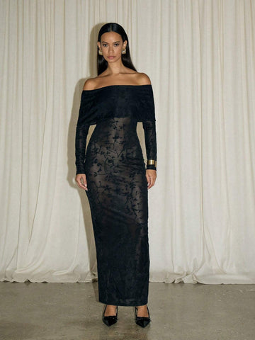 AiiRZ 1pc Women's Solid Color Off-Shoulder Long Sleeve Minimalist Long Sheer Dress