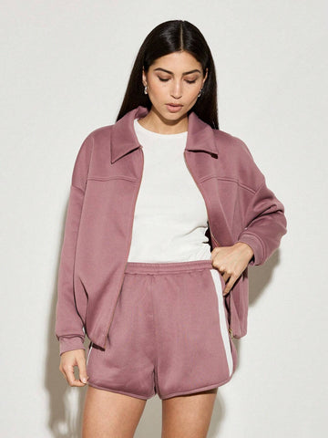 AiiRZ Bubble Zip Through Side Strip Bomber Jacket And Mini Runner Short Set