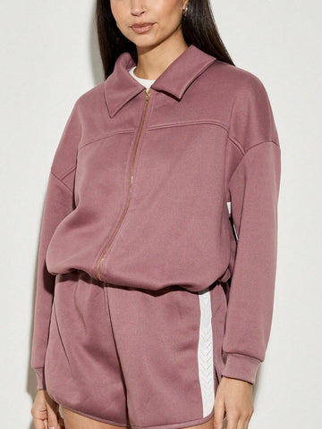 AiiRZ Bubble Zip Through Side Strip Bomber Jacket And Mini Runner Short Set
