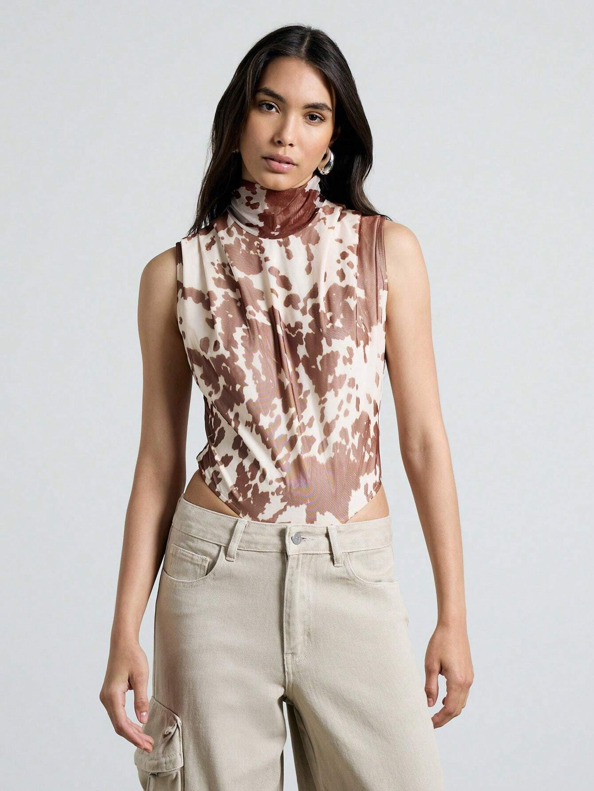 AiiRZ Cow Print Draped High Neck Sleeveless Bodysuit