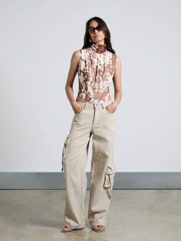 AiiRZ Cow Print Draped High Neck Sleeveless Bodysuit