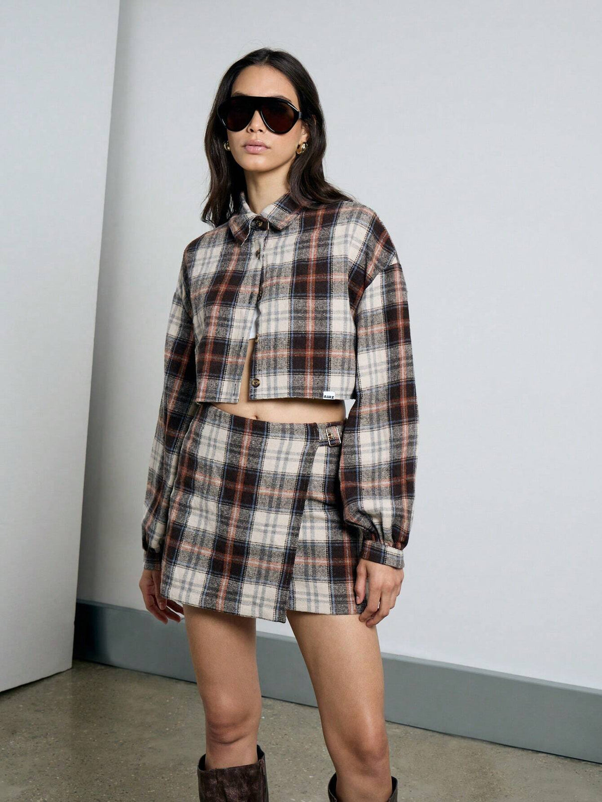 Flannel Checked Bell Sleeve Collared Crop Shirt