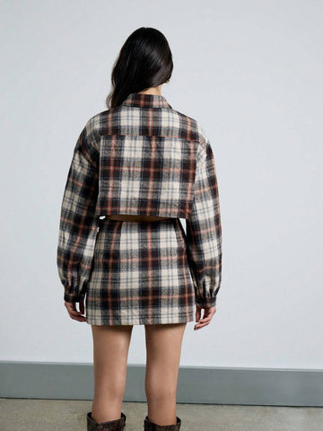 Flannel Checked Bell Sleeve Collared Crop Shirt