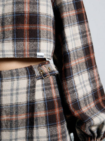 Flannel Checked Bell Sleeve Collared Crop Shirt