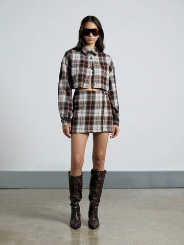 Flannel Checked Bell Sleeve Collared Crop Shirt