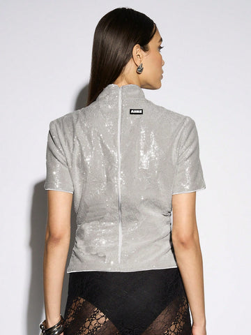 High Neck Ruched Detail Sequin T-Shirt
