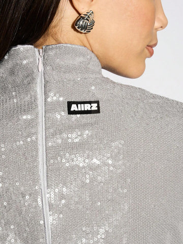High Neck Ruched Detail Sequin T-Shirt