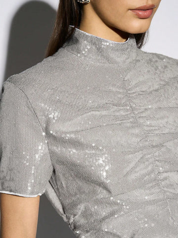 High Neck Ruched Detail Sequin T-Shirt