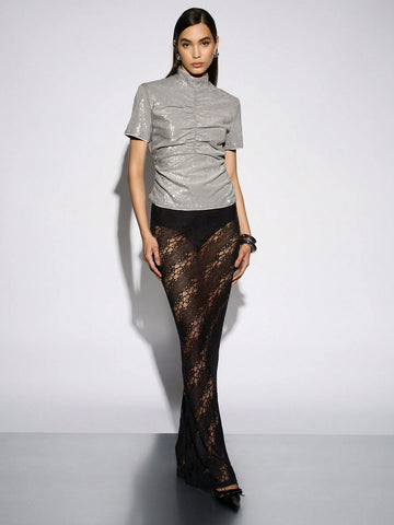 High Neck Ruched Detail Sequin T-Shirt
