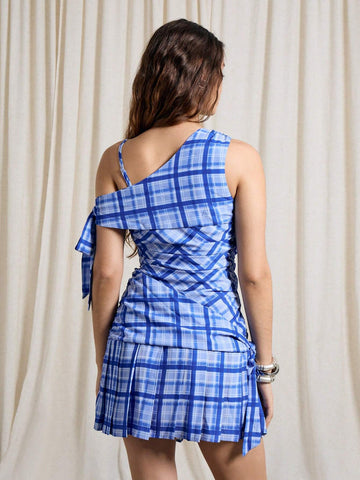 AiiRZ Ladies Sleeveless Tie Waist All-Over Print Short Casual Dress With Off-Shoulder Design